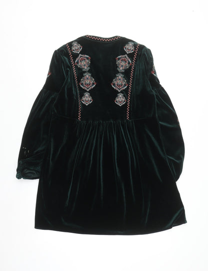 Zara Women Green Velvet Bohemian Embroidered Long Sleeve Short Dress S