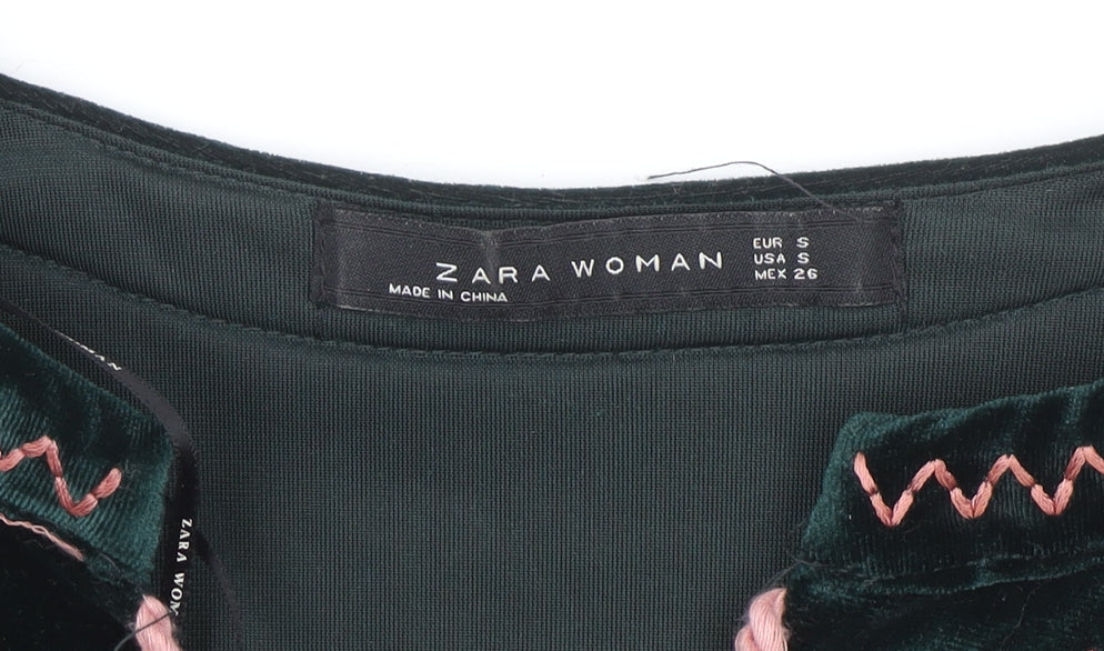 Zara Women Green Velvet Bohemian Embroidered Long Sleeve Short Dress S