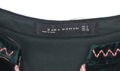 Zara Women Green Velvet Bohemian Embroidered Long Sleeve Short Dress S