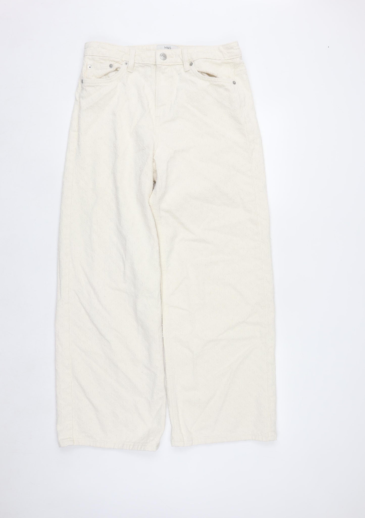 Marks and Spencer Women Ivory Wide-Leg Cotton Trousers Size 12