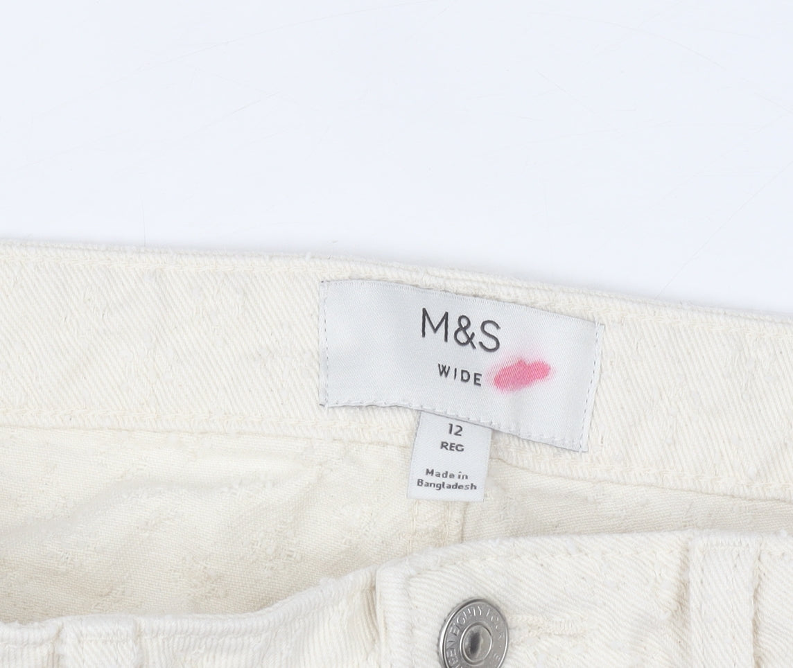 Marks and Spencer Women Ivory Wide-Leg Cotton Trousers Size 12