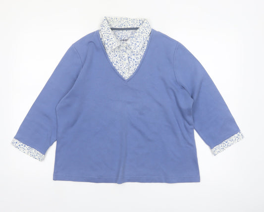 Dash Women Blue V-Neck 3/4 Sleeve Cotton Blend Blouse Size 16