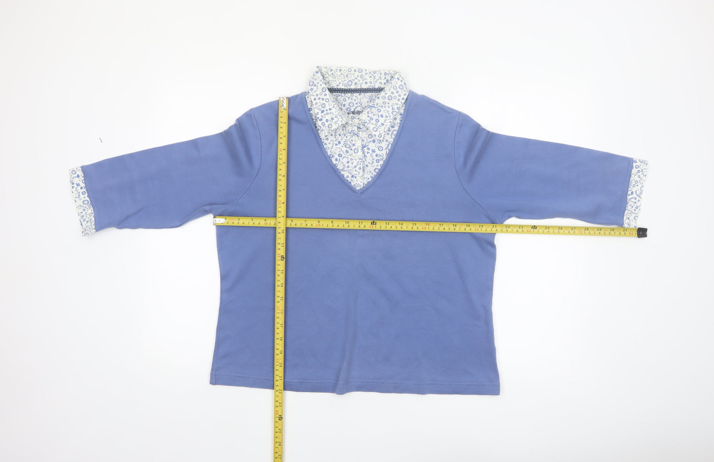 Dash Women Blue V-Neck 3/4 Sleeve Cotton Blend Blouse Size 16
