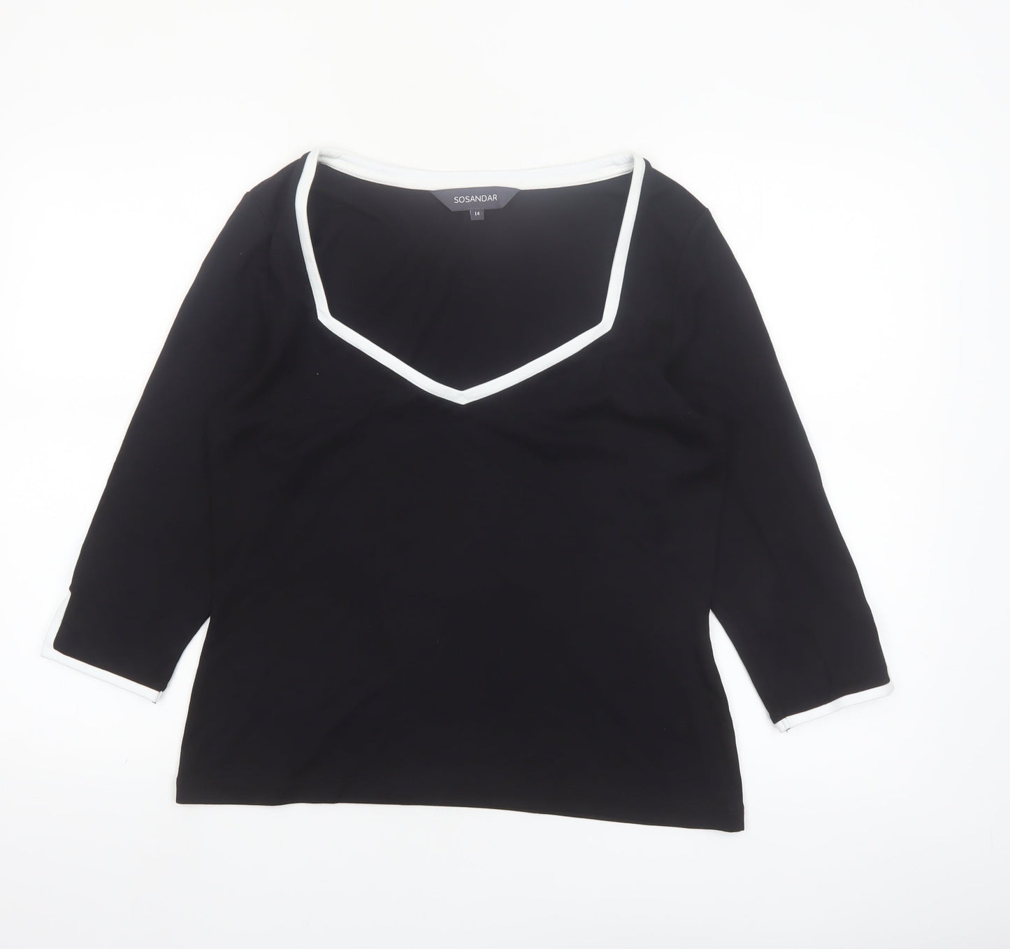 Sosandar Women’s Black V-Neck 3/4 Sleeve Stretch Jersey Top Size 14