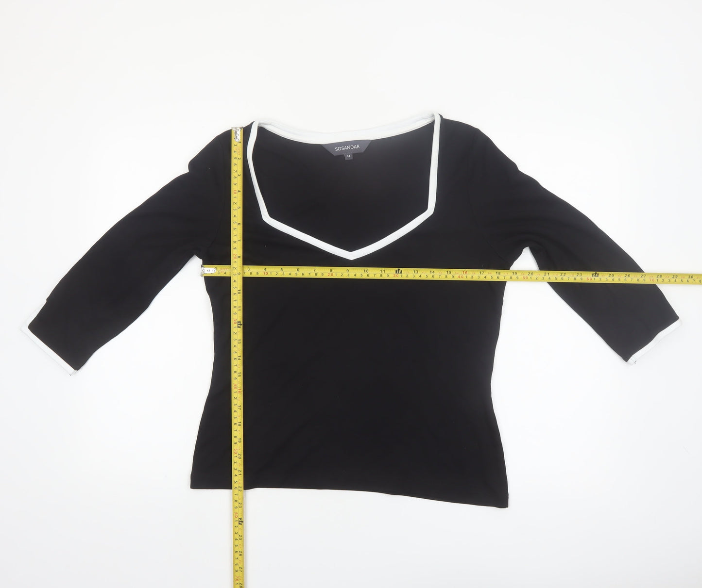 Sosandar Women’s Black V-Neck 3/4 Sleeve Stretch Jersey Top Size 14