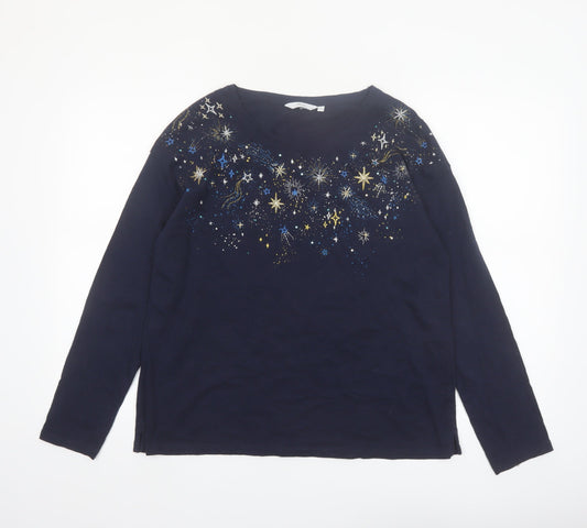 ISLE Women's Blue Star Embellished Long Sleeve Cotton T-Shirt Size 14