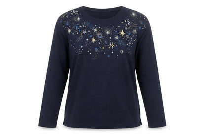 ISLE Women's Blue Star Embellished Long Sleeve Cotton T-Shirt Size 14