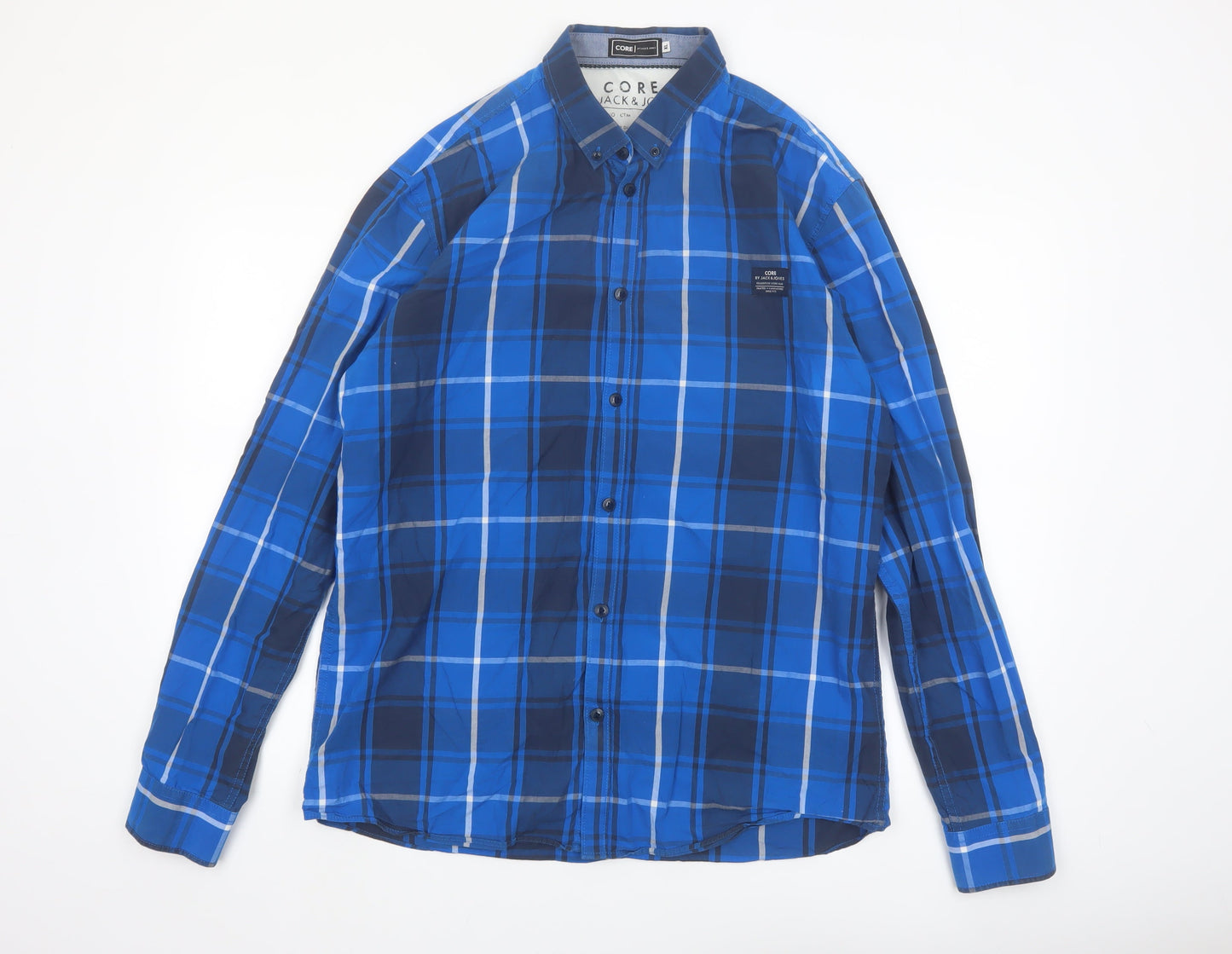 Jack & Jones Men's Blue Checked Cotton Long Sleeve Button-Up Shirt XL