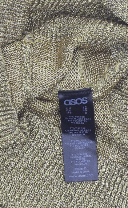 ASOS Women Gold Metallic Knit Jumper Size 12 Round Neck Long Sleeve