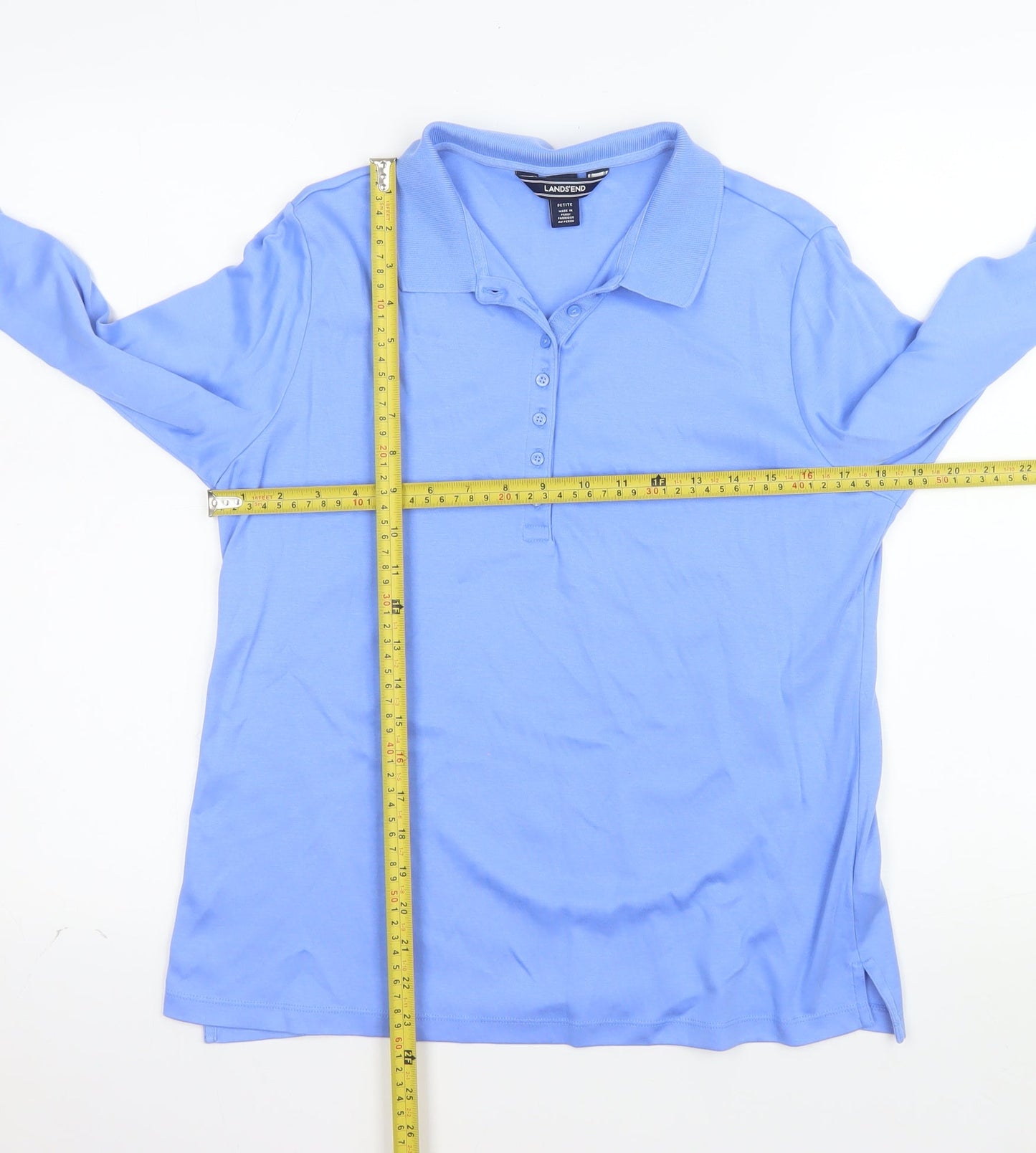 Lands' End Women's Blue Cotton Long Sleeve Petite Polo Shirt M