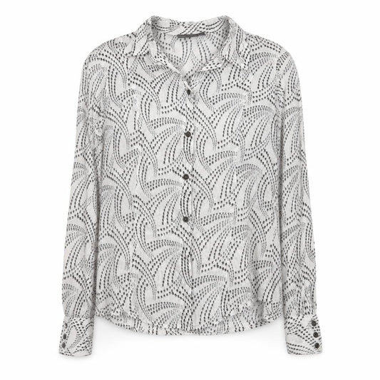Front view of Mexx women’s white geometric cotton button-up shirt, size UK 16