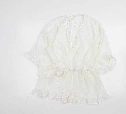 River Island Women White Size 14 Wrap Ruffle Short Dress