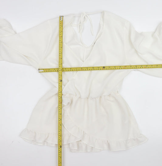 River Island Women White Size 14 Wrap Ruffle Short Dress