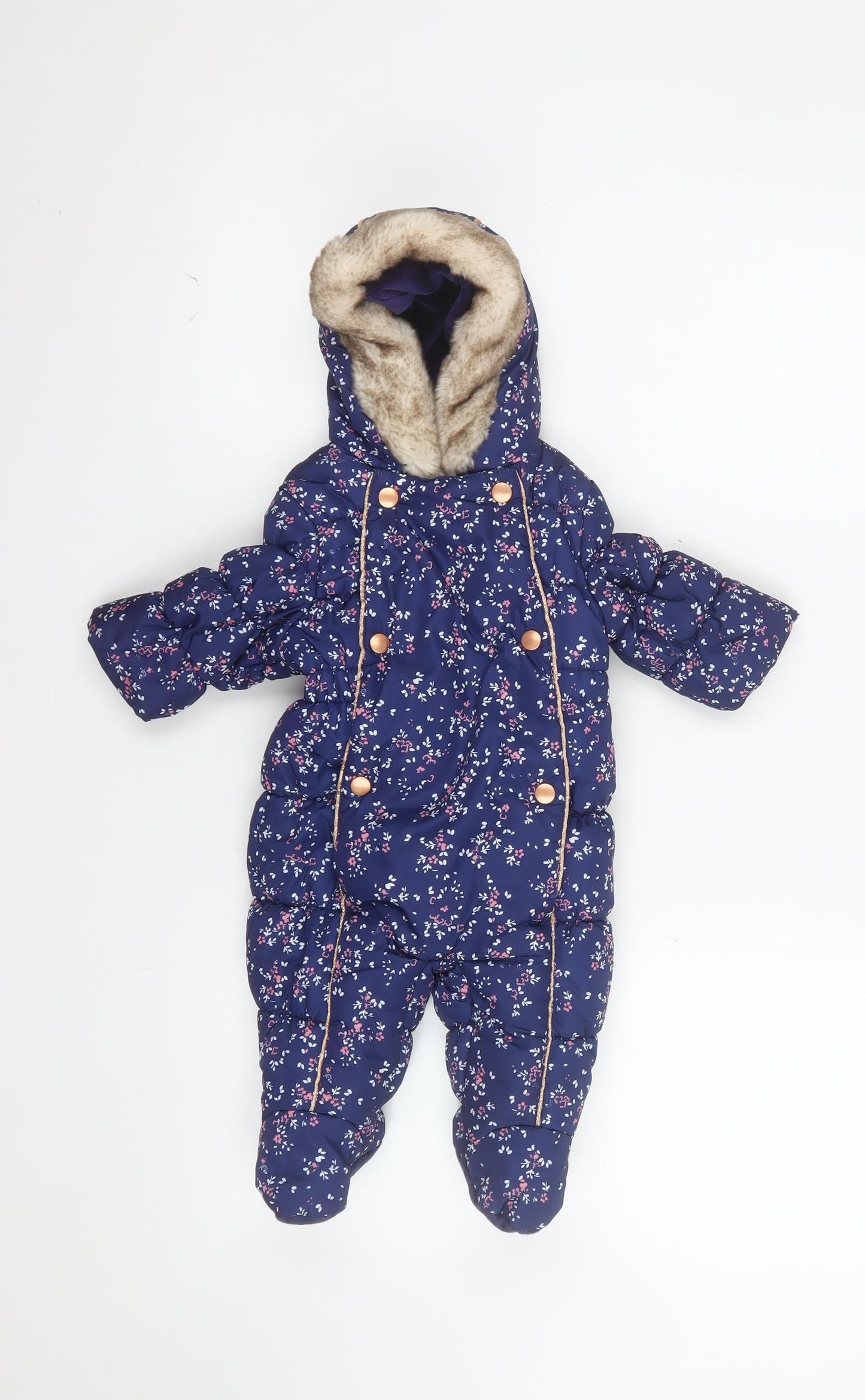 Mothercare Unisex Baby Navy Floral Hooded Snowsuit 3-6 Months Padded Winter