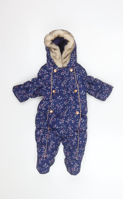 Mothercare Unisex Baby Navy Floral Hooded Snowsuit 3-6 Months Padded Winter