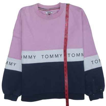 Tommy Jeans Womens Pink Blue Colourblock Crew Neck Sweatshirt L