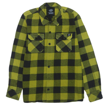 Dickies Men's Yellow Black Check Flannel Button-Up Shirt Medium
