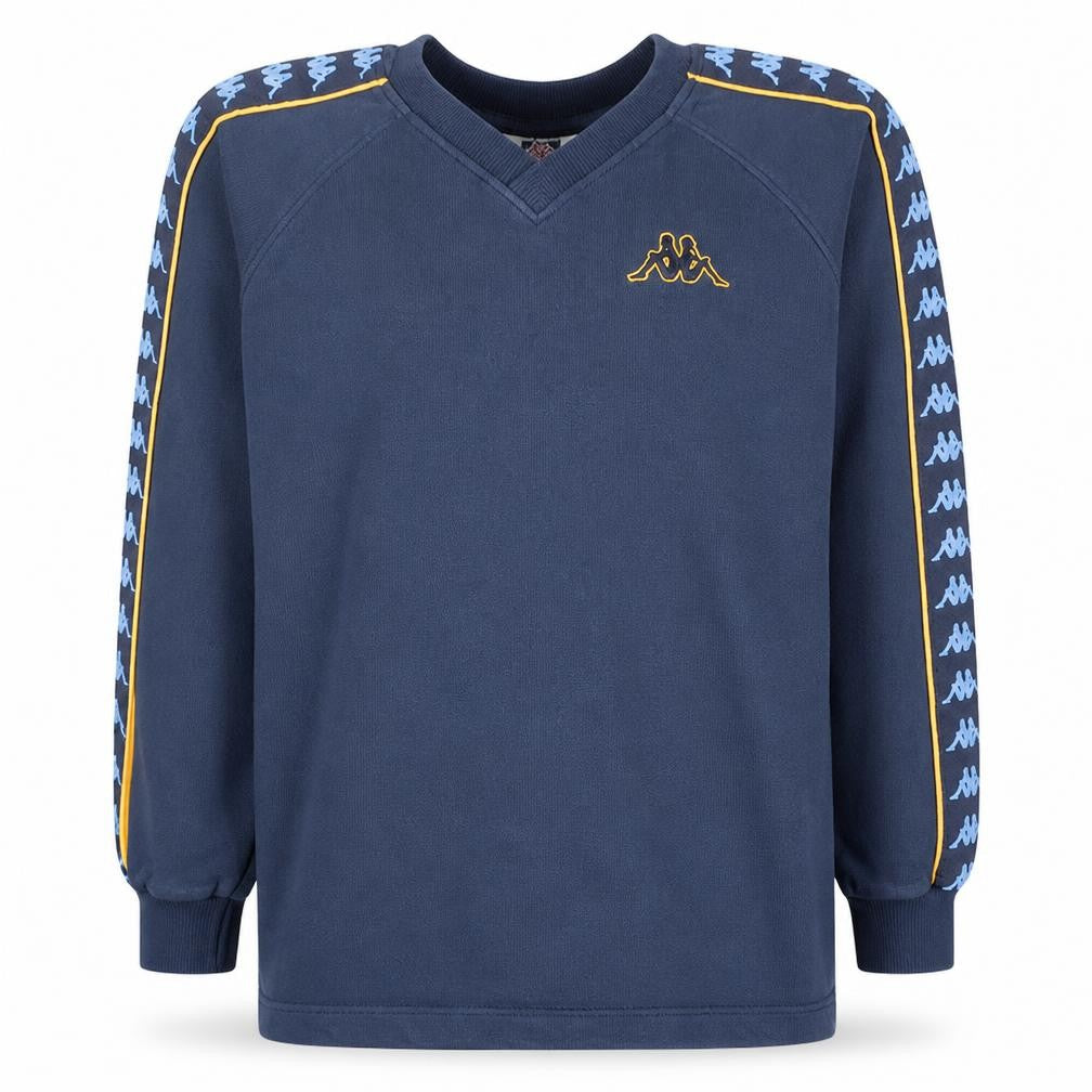 Front view of Kappa boys’ navy blue 164cm logo tape v-neck sweatshirt