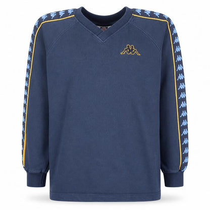 Front view of Kappa boys’ navy blue 164cm logo tape v-neck sweatshirt