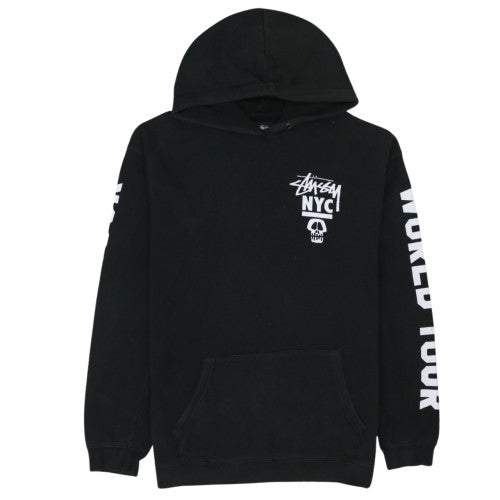 Stussy Men Black Pullover Hoodie L Graphic Print World Tour Cotton