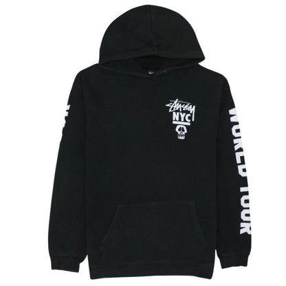 Stussy Men Black Pullover Hoodie L Graphic Print World Tour Cotton
