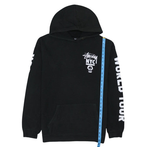 Stussy Men Black Pullover Hoodie L Graphic Print World Tour Cotton