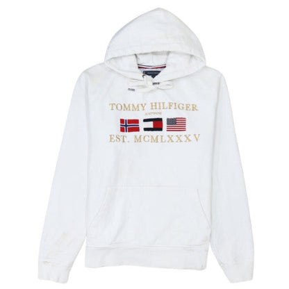 Tommy Hilfiger Mens White L Pullover Hoodie Embroidered Logo Cotton Blend