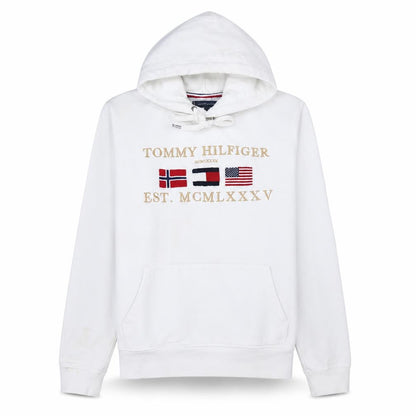 Tommy Hilfiger Mens White L Pullover Hoodie Embroidered Logo Cotton Blend