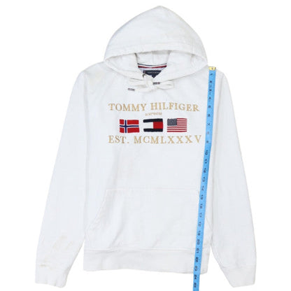 Tommy Hilfiger Mens White L Pullover Hoodie Embroidered Logo Cotton Blend