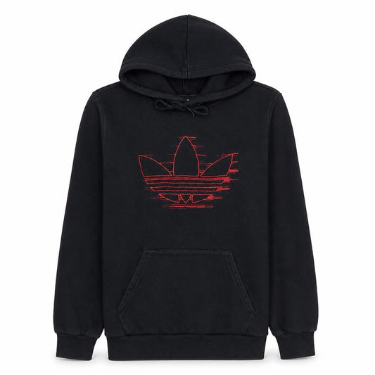 Front view of Adidas Men's Black XS Pullover Hoodie with Red Logo