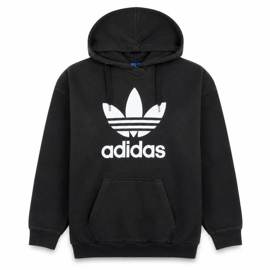 Front view of adidas Men's Black Trefoil Pullover Hoodie L Regular Fit