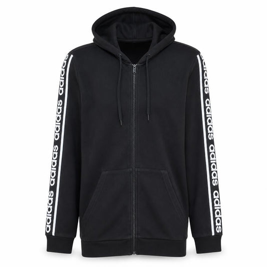 Front view of Adidas Men's Black Full Zip Hoodie, size L, Sports Fleece