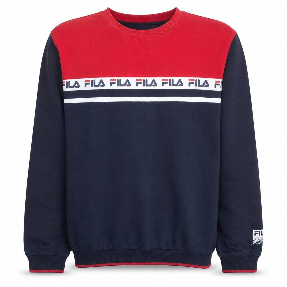Front view of Fila Men's Blue Red Crew Neck Logo Sweatshirt XL Retro Sportswear