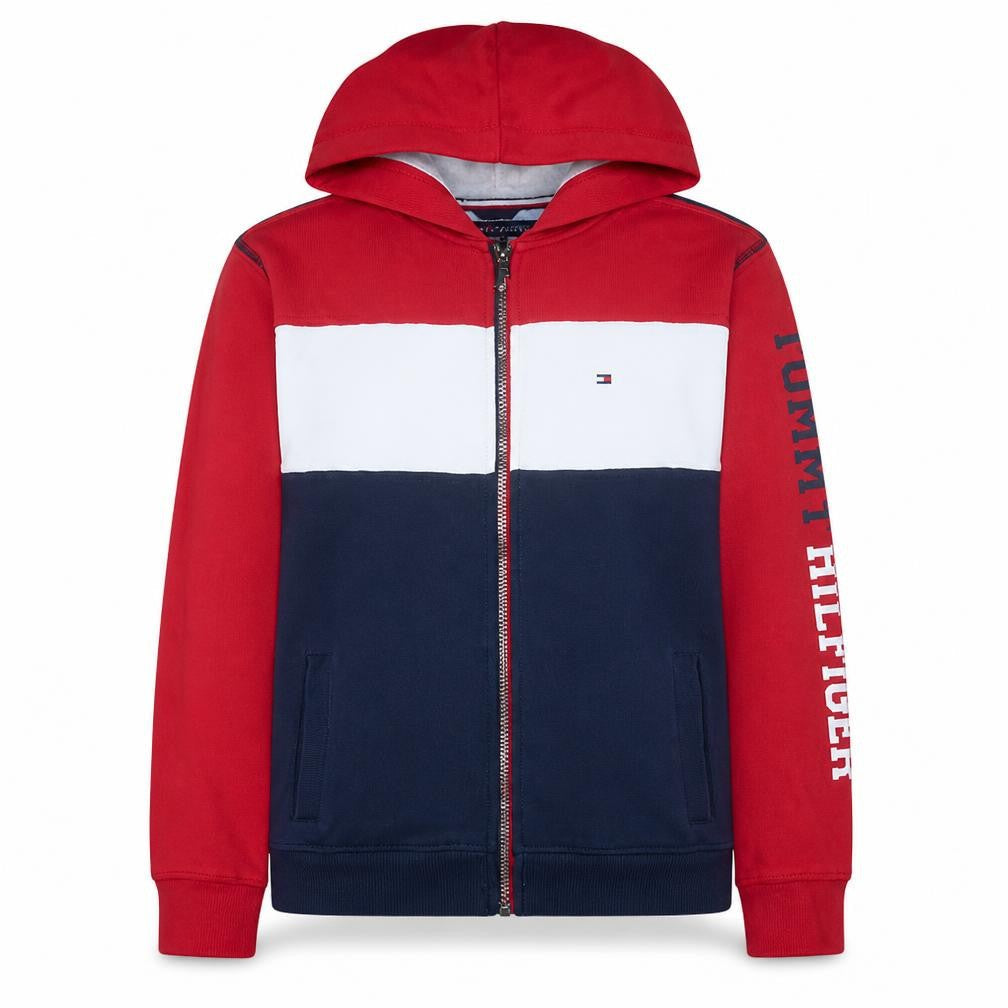 Front view of Tommy Hilfiger Teens Red Blue Full Zip Hoodie XL (20) Cotton Blend