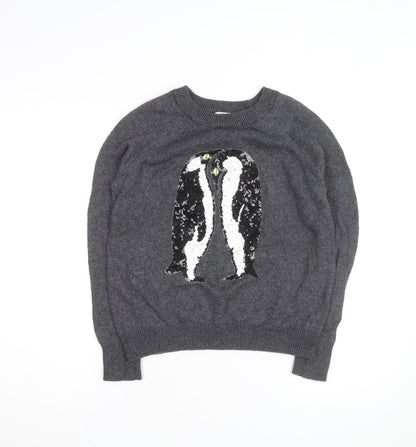 H&M Women Grey Sequin Penguin Pullover Jumper XS Casual Winter
