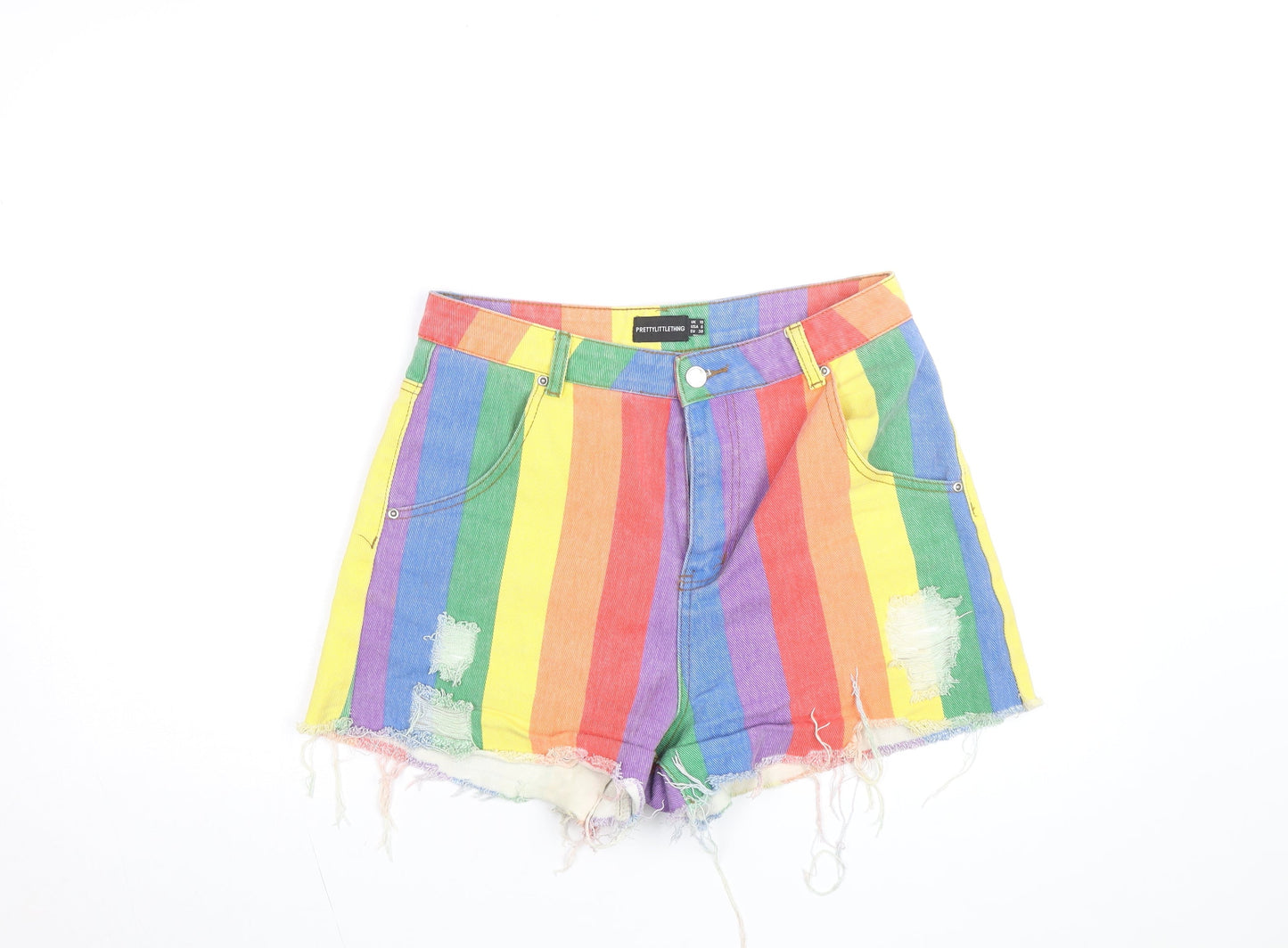 PrettyLittleThing Women’s Multicoloured Rainbow High-Waisted Cut-Off Denim Shorts Size 10