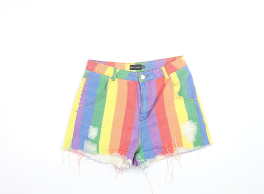 PrettyLittleThing Women’s Multicoloured Rainbow High-Waisted Cut-Off Denim Shorts Size 10