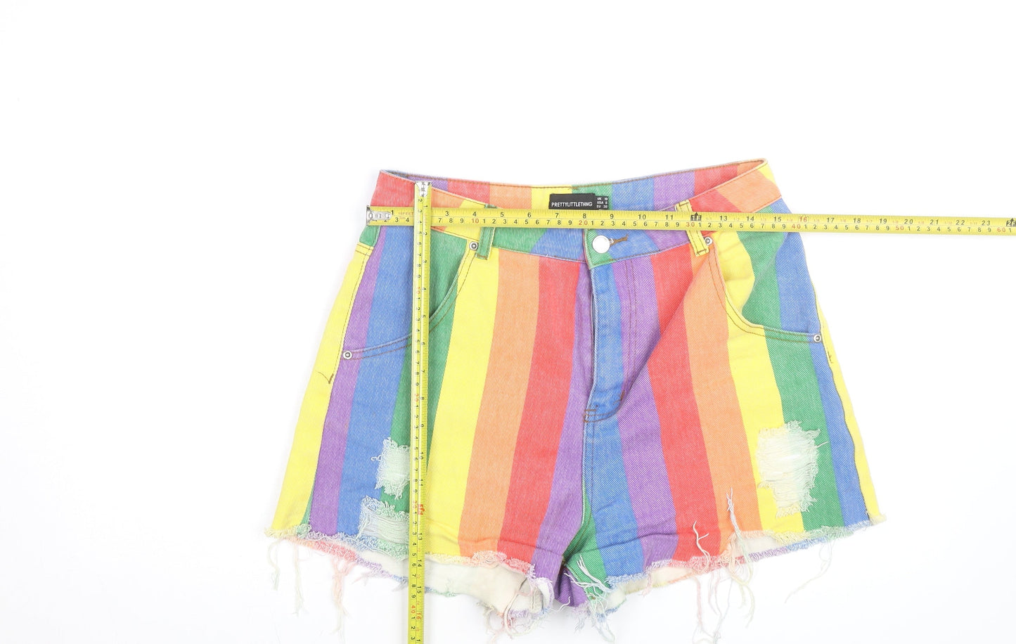 PrettyLittleThing Women’s Multicoloured Rainbow High-Waisted Cut-Off Denim Shorts Size 10