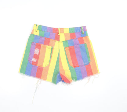 PrettyLittleThing Women’s Multicoloured Rainbow High-Waisted Cut-Off Denim Shorts Size 10