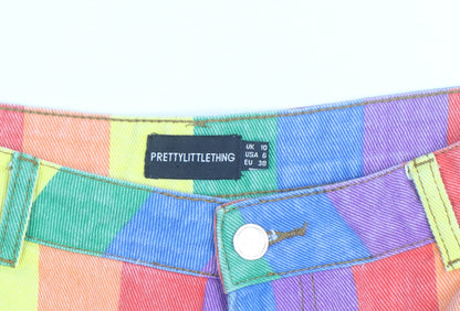 PrettyLittleThing Women’s Multicoloured Rainbow High-Waisted Cut-Off Denim Shorts Size 10