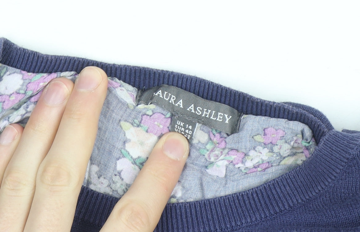 Laura Ashley Women's Blue Floral Hem Cardigan Jumper Size 14