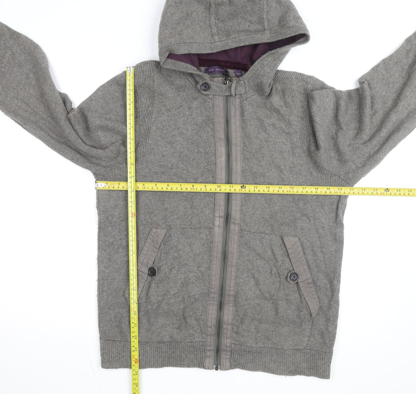 Ted Baker Women Grey Wool Blend Hooded Full Zip Jumper Size M
