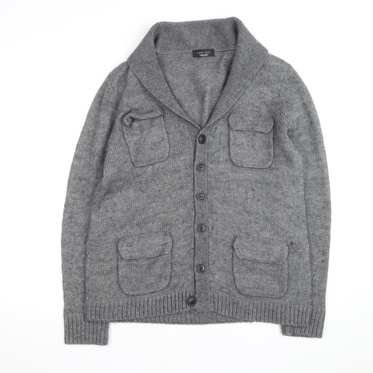 Zara Man Grey Wool Blend Collared Knit Cardigan XL Men's