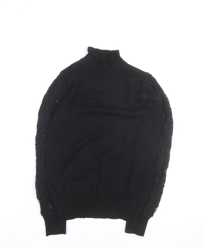 New Look Women's Black Lace Sleeve Roll Neck Top Size 8