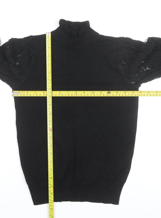 New Look Women's Black Lace Sleeve Roll Neck Top Size 8
