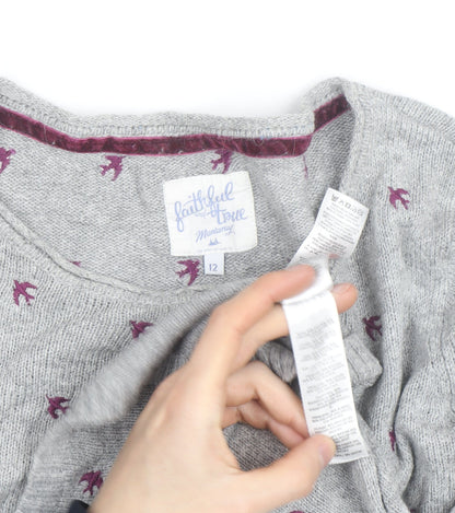Mantaray Women’s Grey Bird Knit Jumper Size 12 Pullover