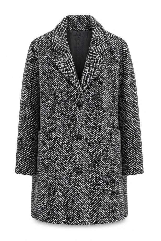 Fat Face Women’s Black Herringbone Wool Blend Mid-Length Coat Size 8