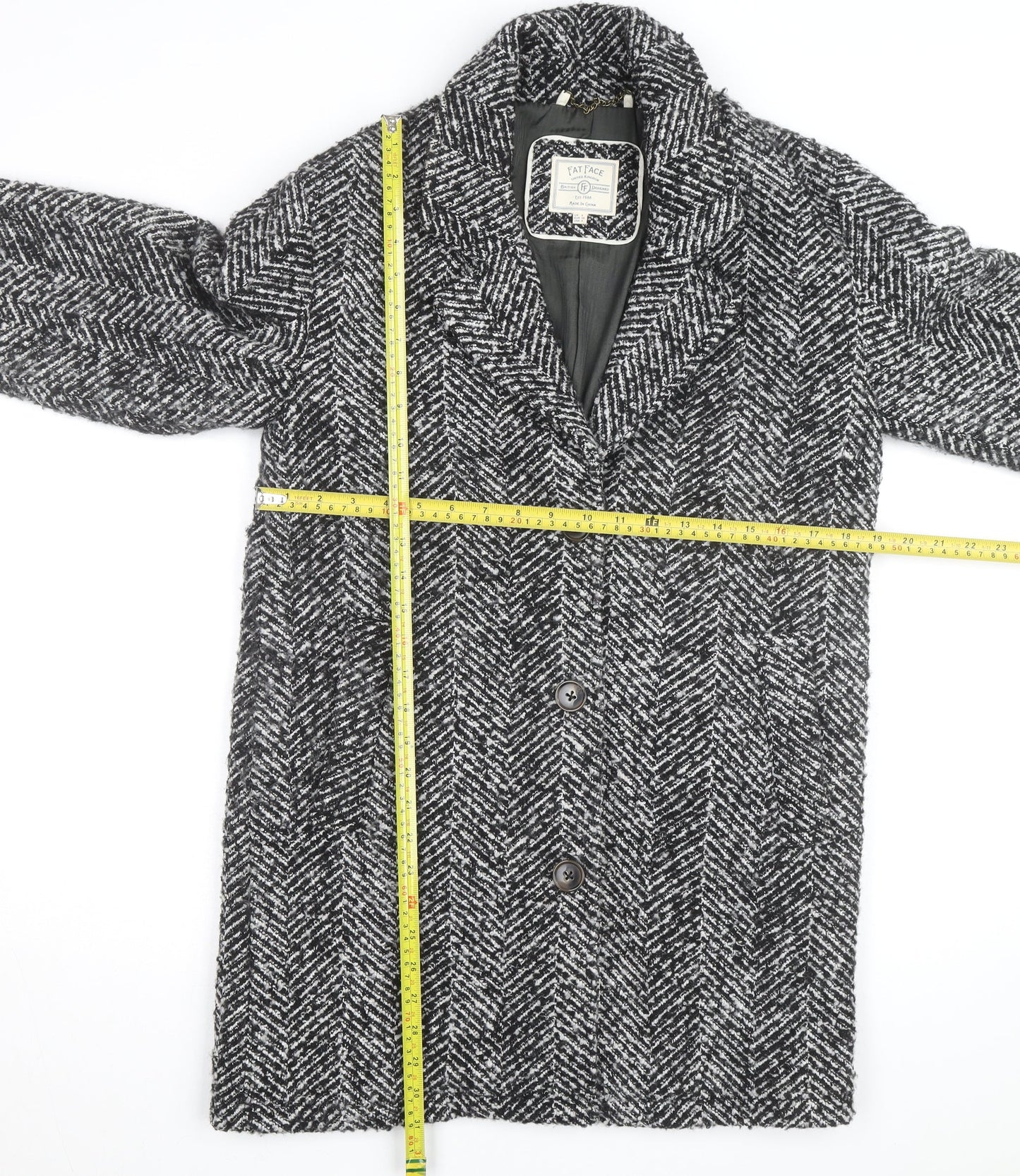 Fat Face Women’s Black Herringbone Wool Blend Mid-Length Coat Size 8