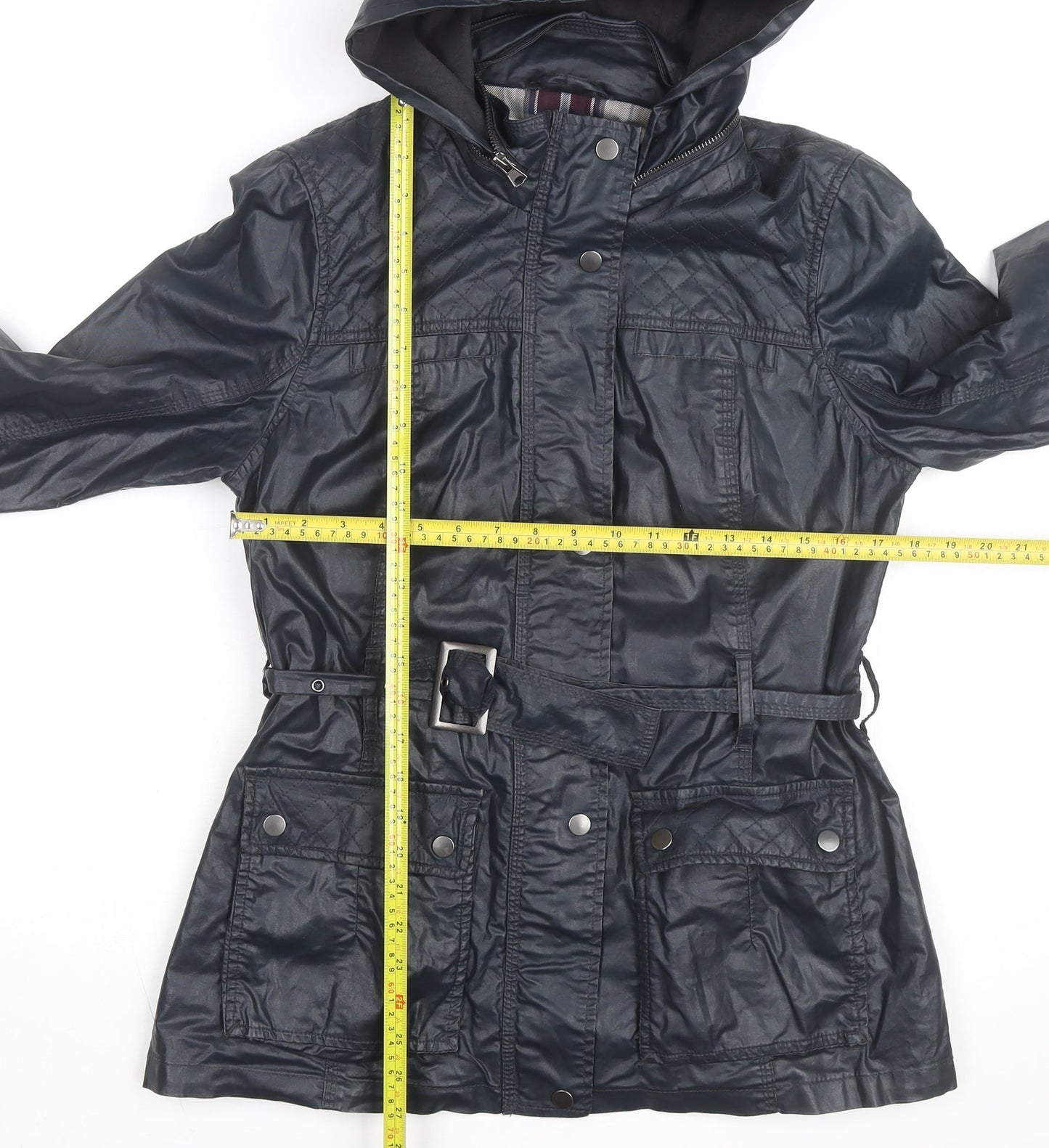 Marks and Spencer Women's Navy Hooded Belted Mid-Length Jacket UK 12