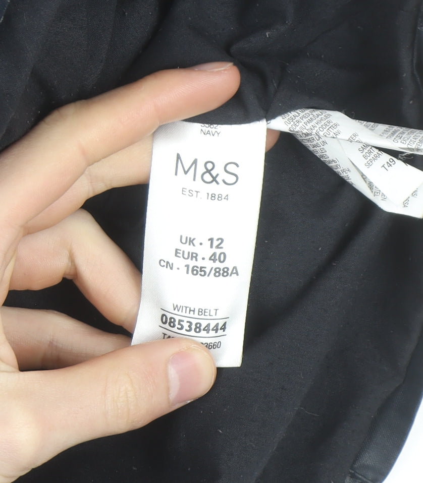 Marks and Spencer Women's Navy Hooded Belted Mid-Length Jacket UK 12